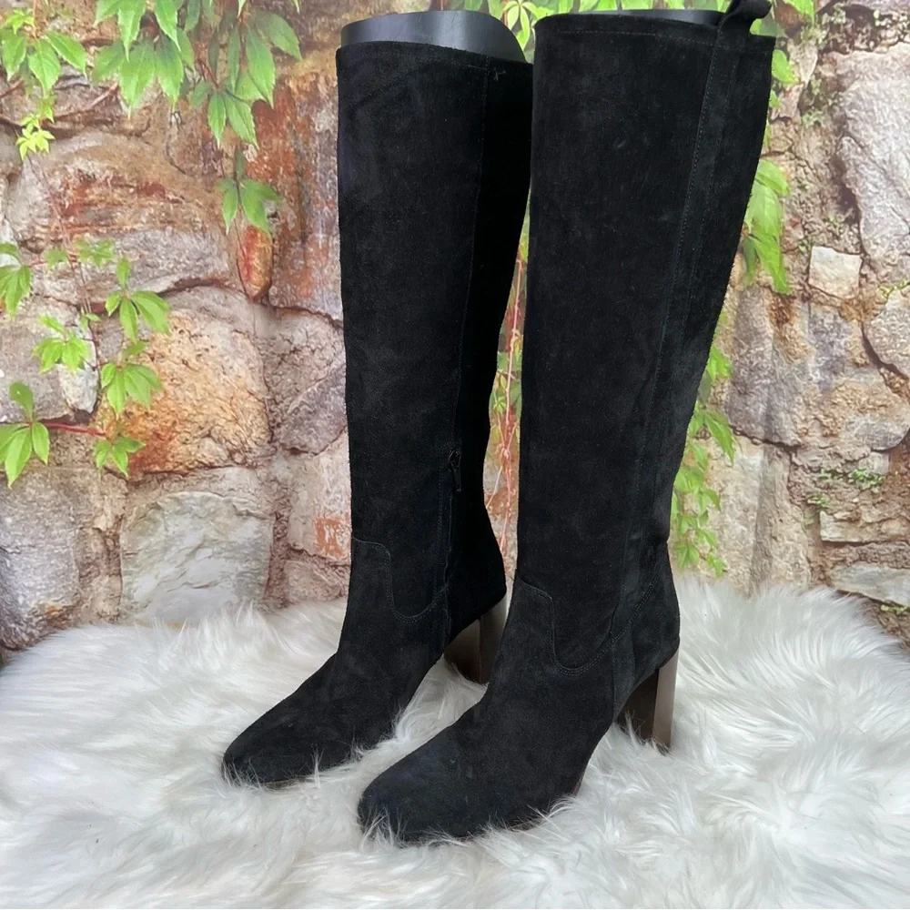 SAN MARINA Black Suede Quiet Luxury Block Heel Over the Knee Women's Boots, 38
